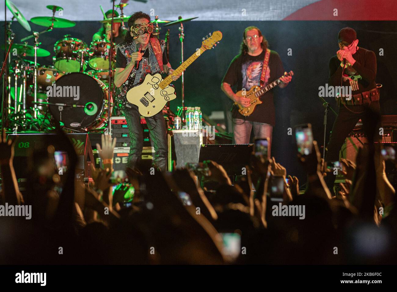 Alex Lora leader of Mexican band 'El Tri' performs a show on stage as part of celebrating the 50 anniversary of El Tri at Autodromo of Cancun on September 20, 2019 in Cancun, Mexico (Photo by Eyepix/NurPhoto) Stock Photo