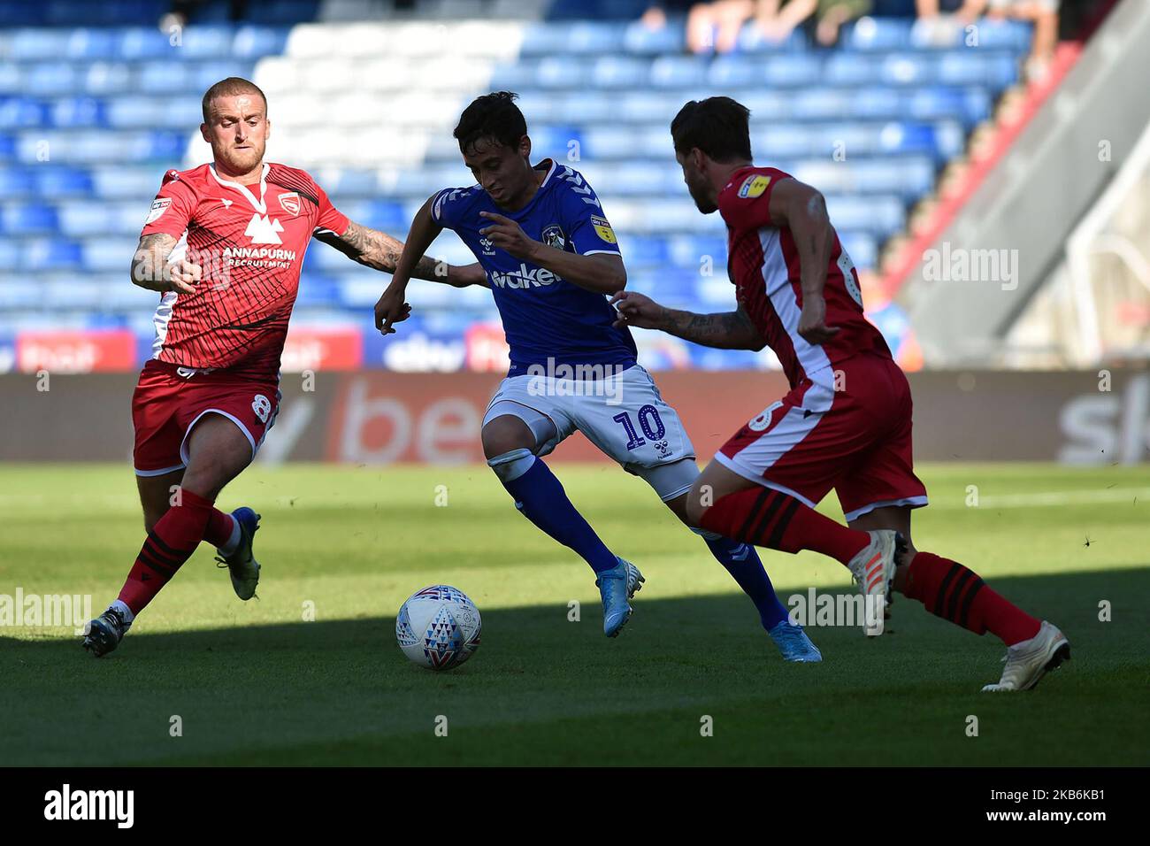 Oldham's Mohamed Maouche and Morecambe's Lewis Alessandra in action during the Sky Bet League 2 match between Oldham Athletic and Morecambe at Boundary Park, Oldham on Saturday 21st September 2019. (Photo by Eddie Garvey/MI News/NurPhoto) Stock Photo