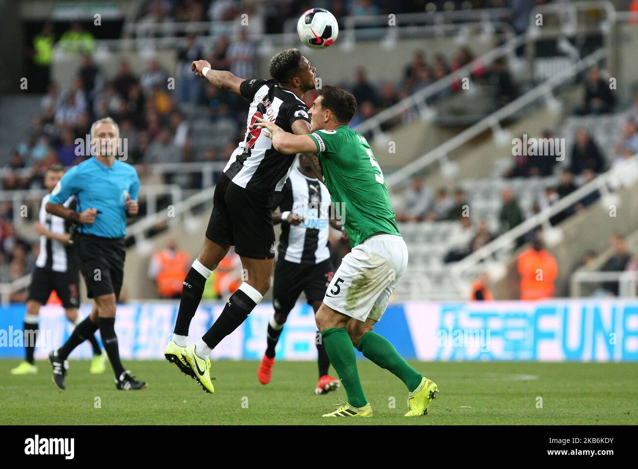 Newcastle United's Joelinton competes for the ball with Brighton & Hove Albion's Lewis Dunk during the Premier League match between Newcastle United and Brighton and Hove Albion at St. James's Park, Newcastle on Saturday 21st September 2019. (Photo by Steven Hadlow/MI News/NurPhoto) Stock Photo