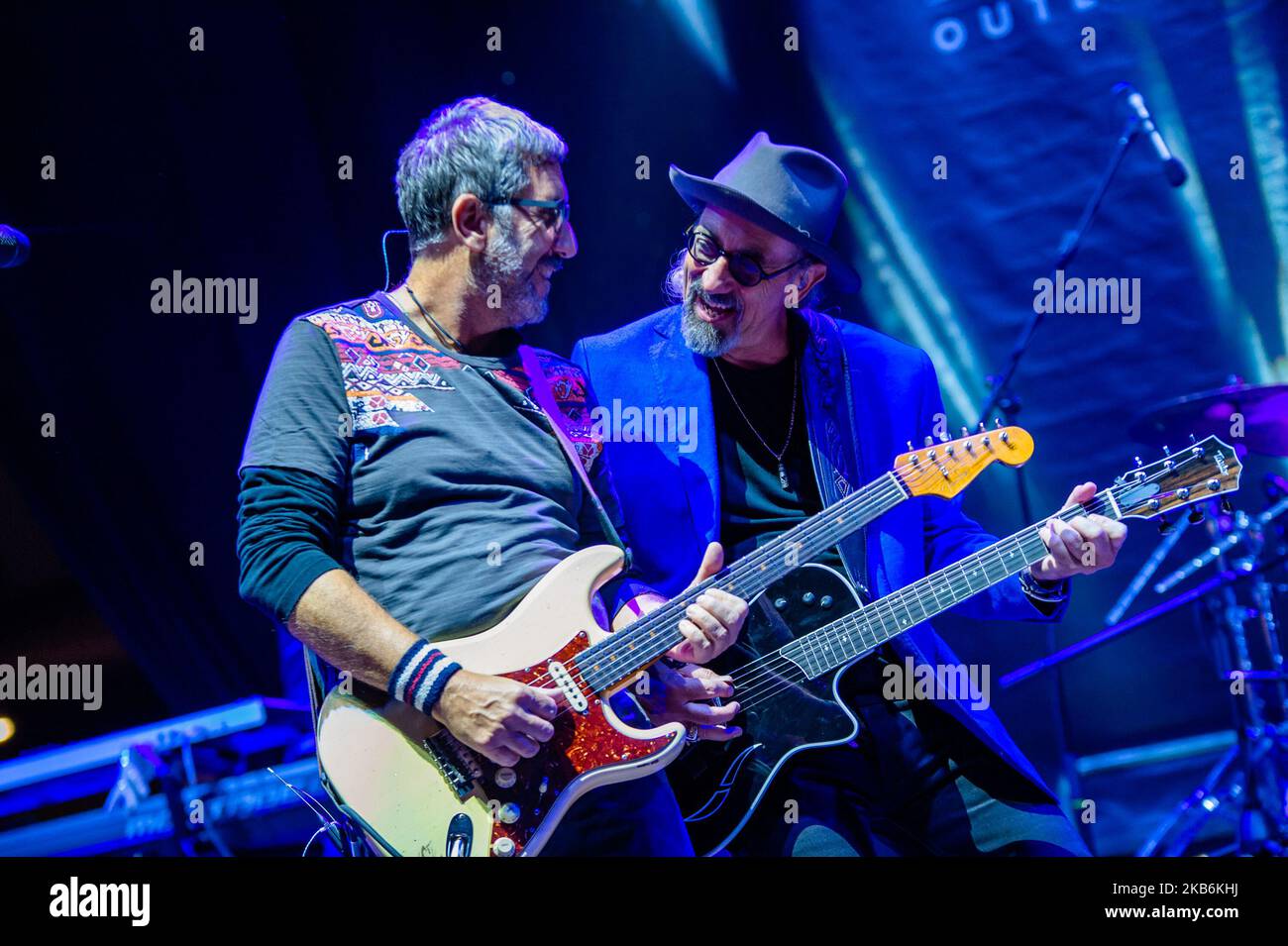 The famous Dire Straits Legacy band in concert in Molfetta at the Puglia Outlet Village on September 21st 2019. The band formed by historical components, Alan Clark (keyboards, hammond and choirs), Jack Sonni & Phil Palmer (guitars & vocals), together with Trevor Horn (bass) Andy Treacy (drums), Andy Hamilton (Sax), plus the Italians Marco Caviglia (vocals and guitar) and Primiano DiBiase (keyboards). (Photo by Davide Pischettola/NurPhoto) Stock Photo