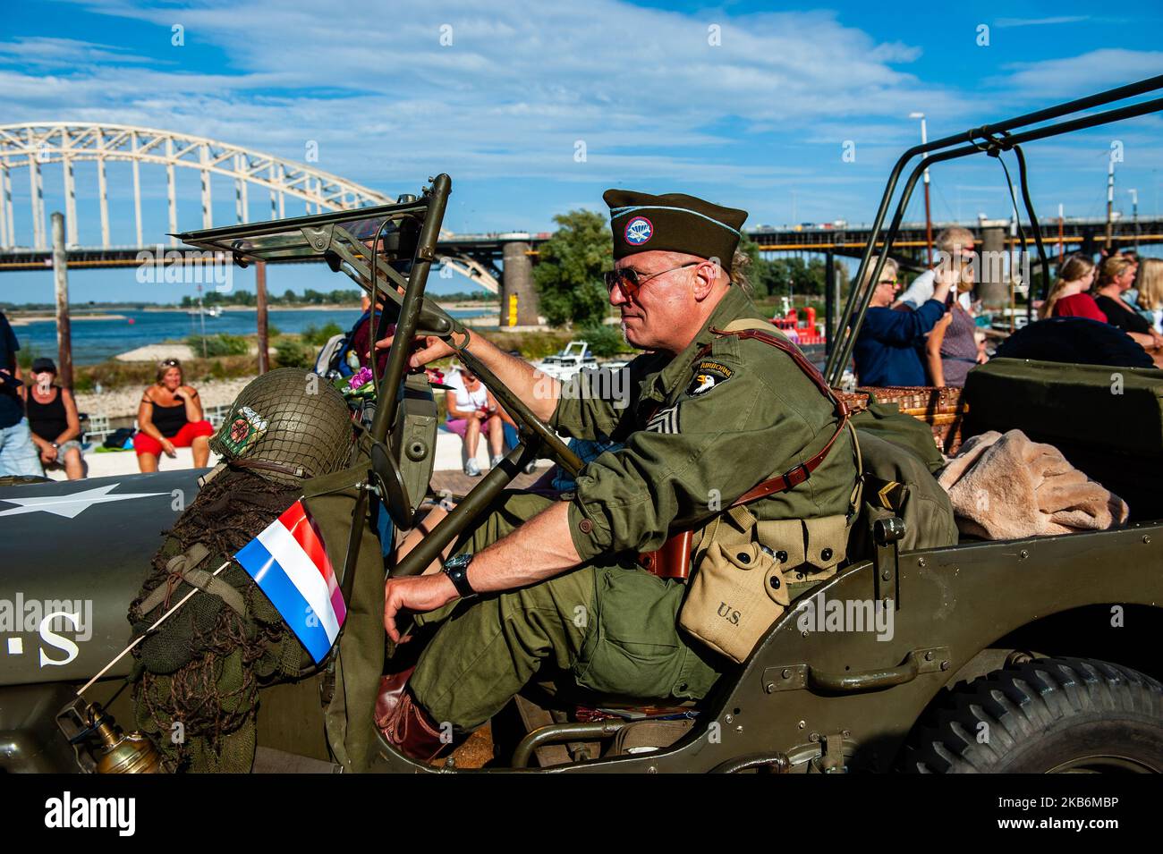 In 2019 is commemorating 75 years since Operation Market Garden took place, in Nijmegen, on September 22, 2019. Operation Market Garden was one of the largest Allied operations of the Second World War. It took place on September 1944. At the time, the Allied Forces traveled from Belgium through several locations in the Netherlands, to finally end up in Nijmegen and Arnhem. The event started in the Belgian town of Leopoldsburg on September 14th. A military vehicle parade with around 600 army vehicles from the Second World War drove from the basecamp in Veghel to end in Nijmegen. This operation  Stock Photo
