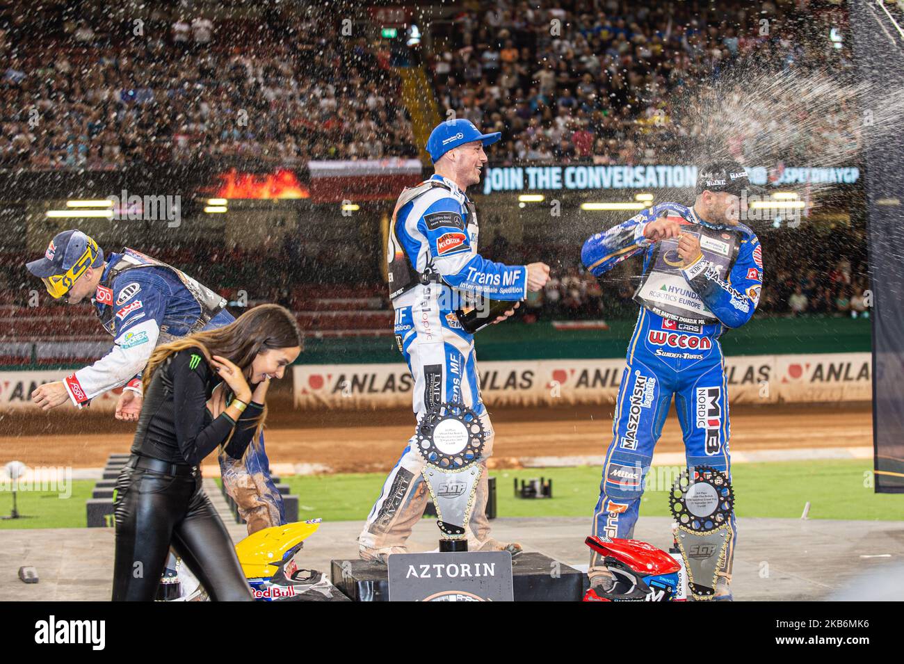 Champagne capers on the rostrum during the ADRIAN FLUX BRITISH FIM ...