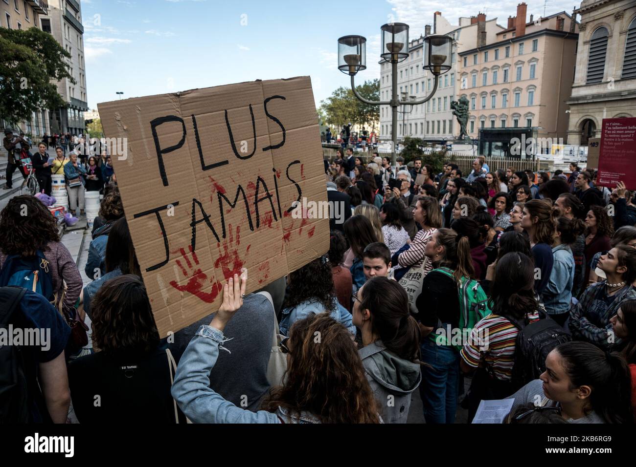 Feminist rally to denounce the 109 murders of women since the beginning of 2019 in France, in Lyon, France, on 23 September 2019. The list of names of the murdered women was unrolled on the place in front of the hundred people gathered for the event. (Photo by Nicolas Liponne/NurPhoto) Stock Photo