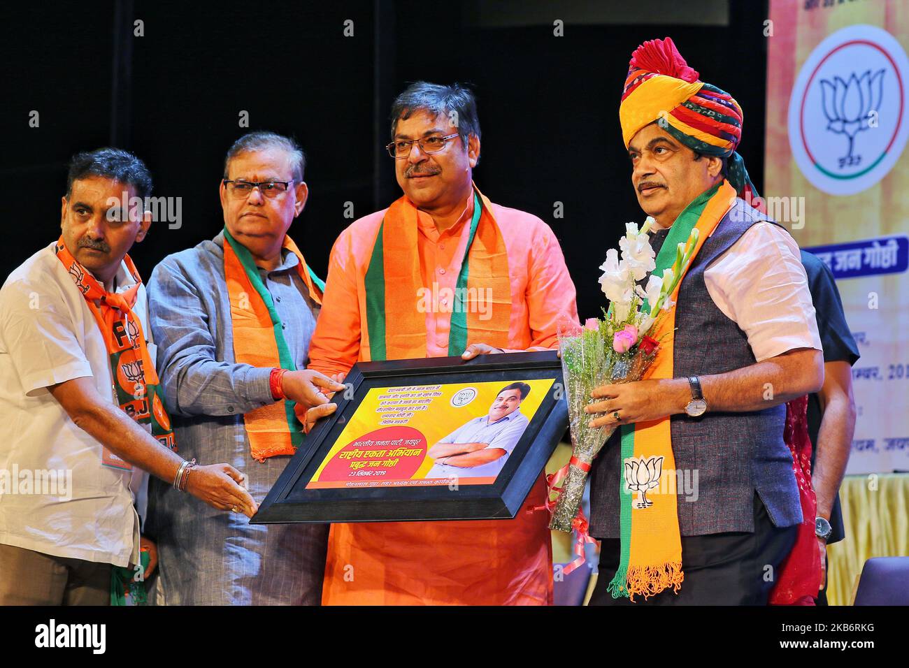 Union Minister of Transport Nitin Gadkari being welcomed by Rajasthan BJP leaders during the ' One Nation One Consitution' program at Birla Auditorium in Jaipur ,Rajasthan, India, Sept 23,2019.(Photo By Vishal Bhatnagar/NurPhoto) (Photo by Vishal Bhatnagar/NurPhoto) Stock Photo