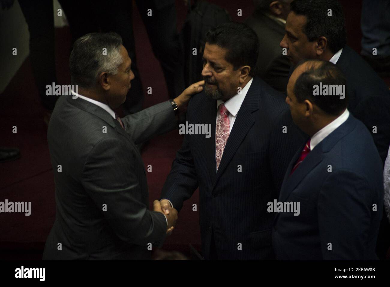 Venezuelan National Assembly's vice-president Edgar Zambrano (R) talks to pro-government deputy Pedro Carreno during a session at the National Assembly in Caracas on September 24, 2019. Key opposition figure Edgar Zambrano was released from jail last September 17, after his dramatic arrest by intelligence agents for supporting a failed April 30 uprising organized by opposition leader Juan Guaido. (Photo by Jonathan Lanza/NurPhoto) Stock Photo