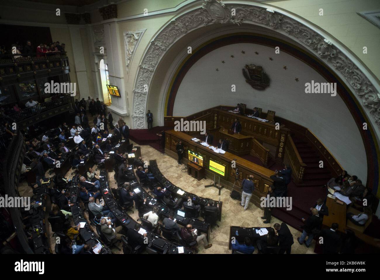 Venezuelan opposition leader and self-proclaimed acting president Juan Guaido , National Assembly's vice-president Edgar Zambrano and National Assembly's second vice-president Stalin Gonzalez attend a session of the National Assembly with the presence of pro-government deputies in Caracas on September 24, 2019. Key opposition figure Edgar Zambrano was released from jail last September 17, after his dramatic arrest by intelligence agents for supporting a failed April 30 uprising organized by opposition leader Juan Guaido. (Photo by Jonathan Lanza/NurPhoto) Stock Photo