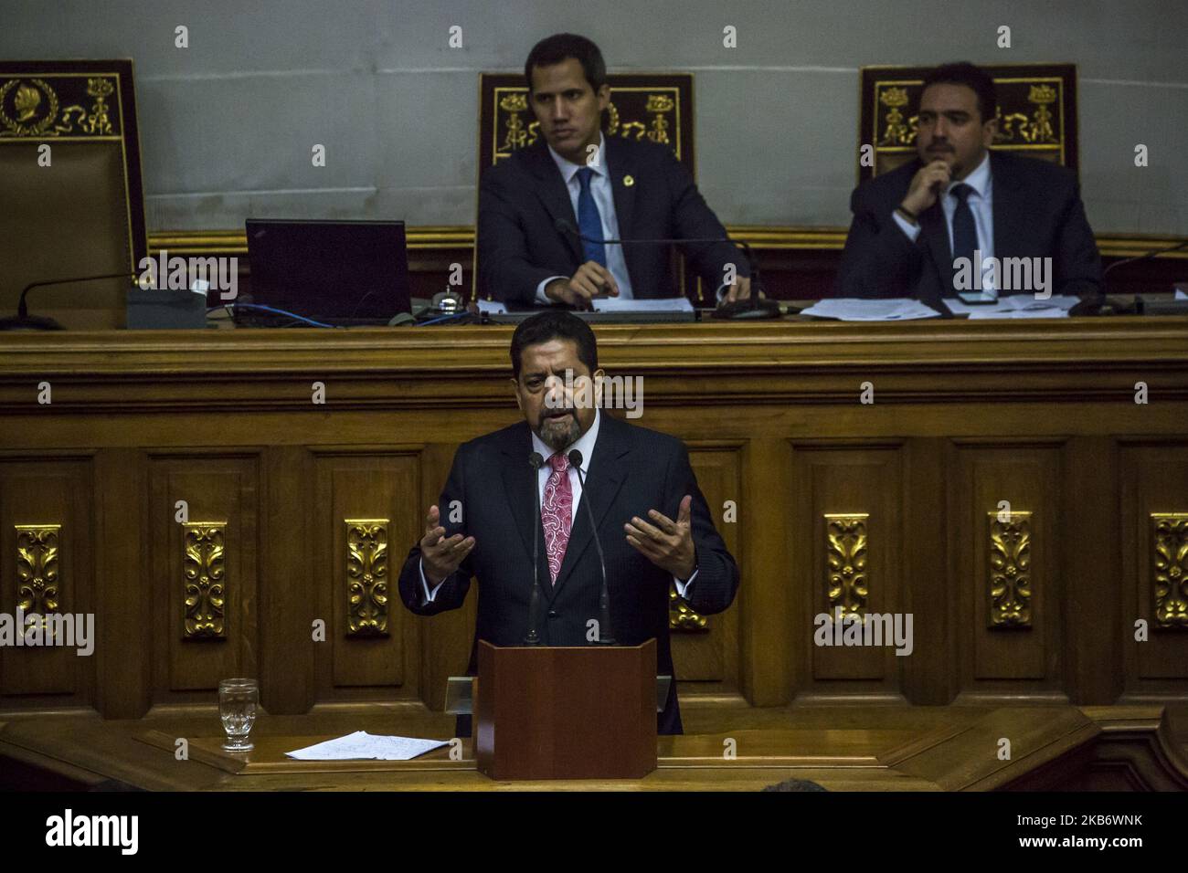 National Assembly vice-president Edgar Zambrano speaks during a session of the National Assembly with the presence of pro-government deputies. Edgar Zambrano was released from jail last September 17. in Caracas on September 24, 2019. (Photo by Rafael Briceno Sierralta/NurPhoto) Stock Photo