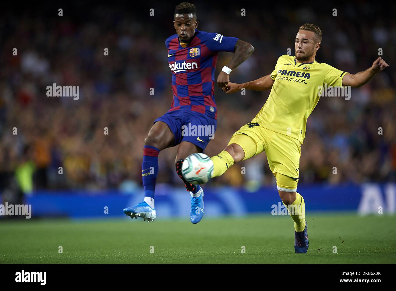 Nelson Semedo of Barcelona and Javier Ontiveros of Villarreal competes for the ball during the Liga match between FC Barcelona and Villarreal CF at Camp Nou on September 24, 2019 in Barcelona, Spain. (Photo by Jose Breton/Pics Action/NurPhoto) Stock Photo