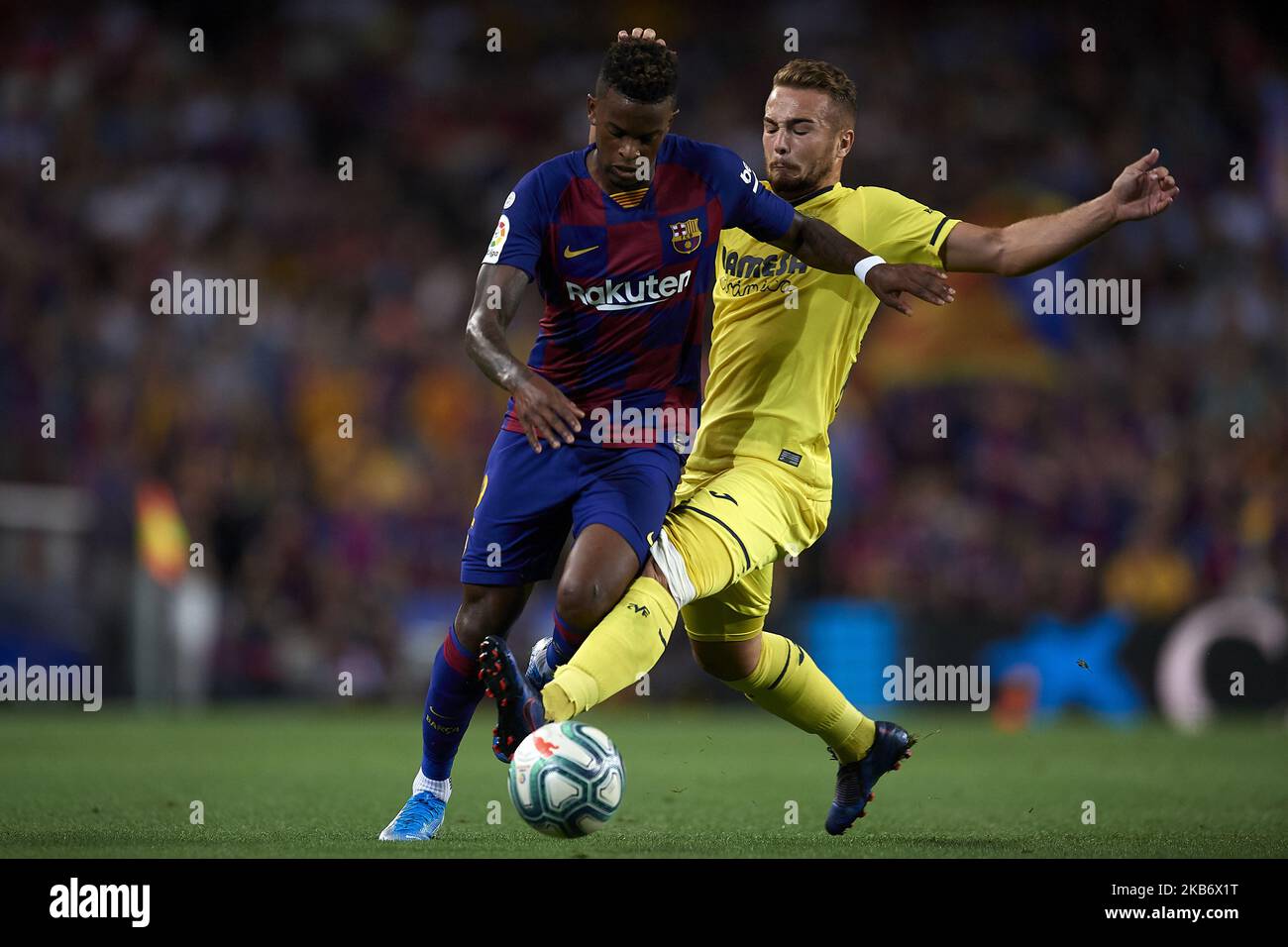 Nelson Semedo of Barcelona and Javier Ontiveros of Villarreal competes for the ball during the Liga match between FC Barcelona and Villarreal CF at Camp Nou on September 24, 2019 in Barcelona, Spain. (Photo by Jose Breton/Pics Action/NurPhoto) Stock Photo