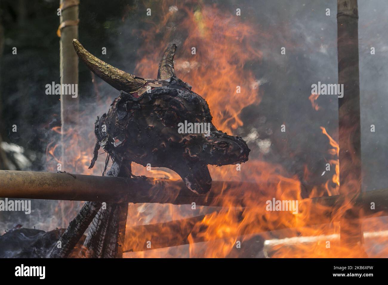 Head of bull coffin burnt during mass cremation or locally called Ngaben rituals in the grave yard of Bayad Village in Tegallalang, Gianyar, Bali on September 25, 2019. A total of 59 bodies in the form of human skeletons that died several years ago were cremated simultaneously in order to ease the cost of the ceremony for local residents. (Photo by Johanes Christo/NurPhoto) Stock Photo