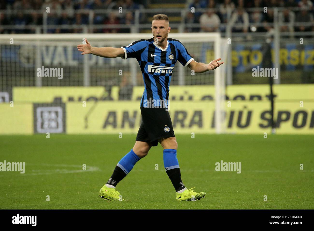 Milan Skriniar of FC Internazionale reacts to a missed chance during the Serie A match between of FC Internazionele and SS Lazio at Stadio Giuseppe Meazza on September 25, 2019 in Milan, Italy. (Photo by Giuseppe Cottini/NurPhoto) Stock Photo