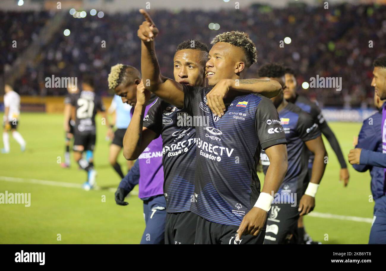 Jhon Sanchez and Gabriel Torres of Independiente del Valle celebrates qualifying after the second leg semifinal match between Independiente del Valle and Corinthians at Olimpico Atahualpa Stadium on September 25, 2019 in Quito, Ecuador. (Photo by Carlos Silva/Agencia Press South) Stock Photo