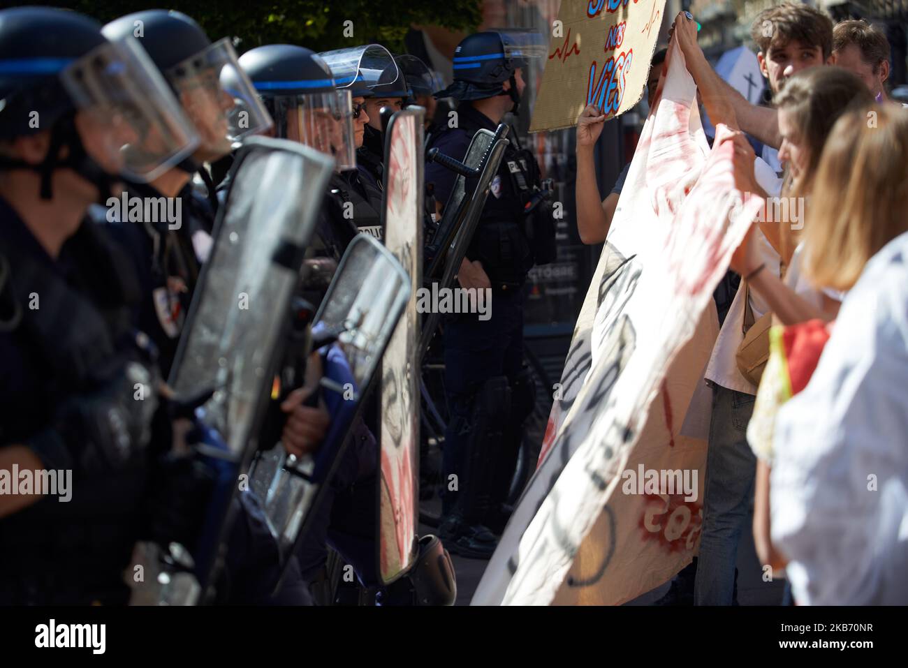 Nurses face riot police who blocked them as they wanted to go to the Prefecture. Emergency doctors and nurses took part to a national day of action and protest as they are on strike for the 7rd month in a row. At national level, they formed a group called 'Inter emergency collective' Emergency physicians say that emergency services are beyond saturation point. They denounce a reduction of people in emergency services in public hospitals and demand 10 000 nurses more. In Toulouse, emergency services of the Purpan hospital were closed today as all workers went on sick leave. For now, more than 2 Stock Photo