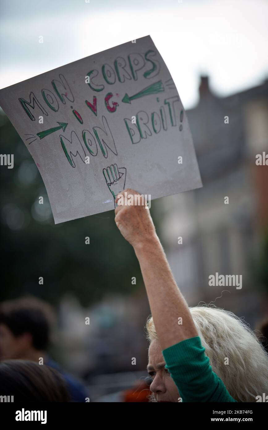 A woman holds a placard reading 'My body, my choice'. Women and men took to the streets for the right to abort. They say that this right in France is being limited by lack of doctors, infrastructures and lack of information. They also march for women in countries where this right is non-existent or limited to certain cases. Similar protest took place elsewhere in France. Toulouse. France. September 28th 2019. (Photo by Alain Pitton/NurPhoto) Stock Photo