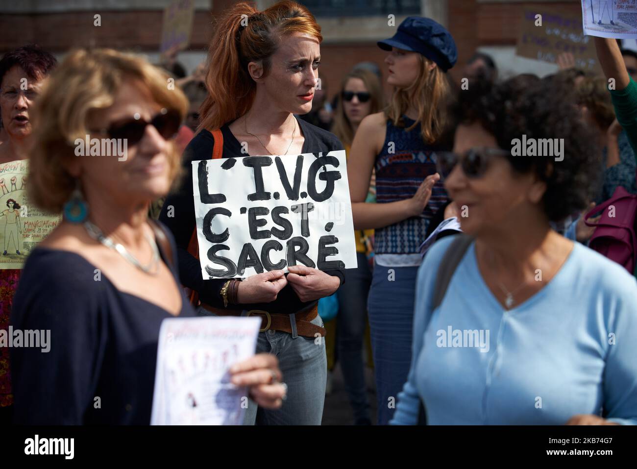 A Woman (memeber of the Femen group) holds a placard reading 'Right to abort is sacred'. Women and men took to the streets for the right to abort. They say that this right in France is being limited by lack of doctors, infrastructures and lack of information. They also march for women in countries where this right is non-existent or limited to certain cases. Similar protest took place elsewhere in France. Toulouse. France. September 28th 2019. (Photo by Alain Pitton/NurPhoto) Stock Photo