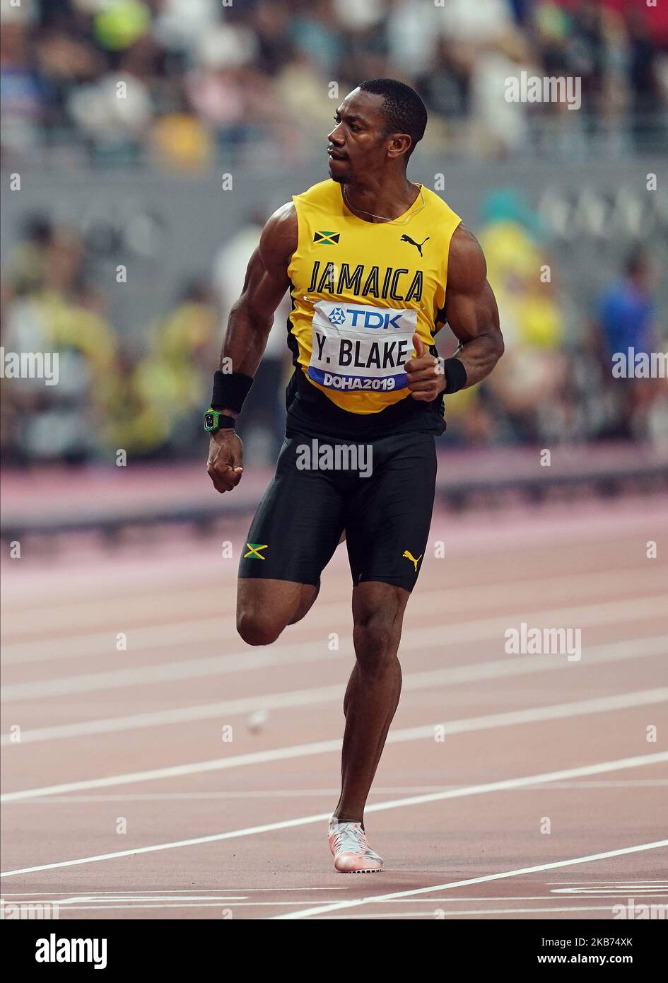 Yohan Blake of Jamaica and Justin Gatlin of United States competing in the 100 meter for men during the 17th IAAF World Athletics Championships at the Khalifa Stadium in Doha, Qatar on September 28, 2019. (Photo by Ulrik Pedersen/NurPhoto) Stock Photo