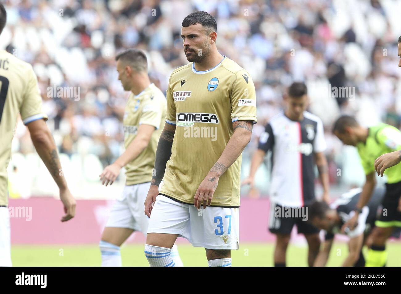 Andrea Petagna (S.P.A.L.) during the Serie A football match between Juventus FC and S.P.A.L. at Allianz Stadium on September 28, 2019 in Turin, Italy. Juventus won 2-0 over S.P.A.L. (Photo by Massimiliano Ferraro/NurPhoto) Stock Photo