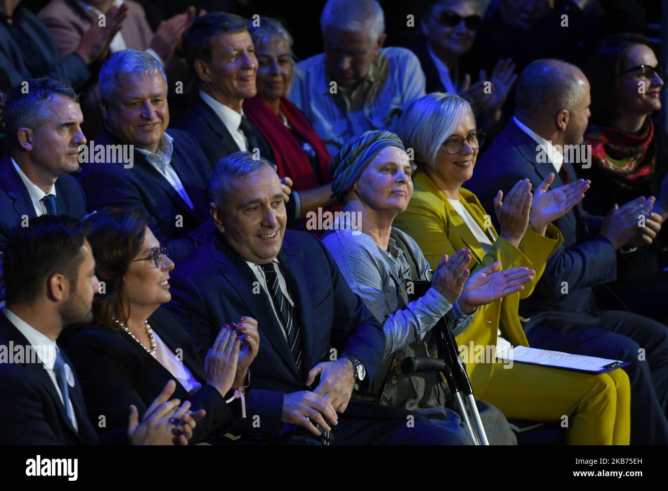 Grzegorz Schetyna, Leader of Civic Platform and Malgorzata Kidawa-Blonska, a candidate from the Civic Platform list and Deputy Marshal of the Polish Sejm, surrounded by a party members during the Civic Coalition election campaign convention in Krakow, ahead of the 2019 Polish parliamentary election on Sunday, October 13, 2019. On Saturday, September 28, 2019, in Krakow, Poland. (Photo by Artur Widak/NurPhoto) Stock Photo