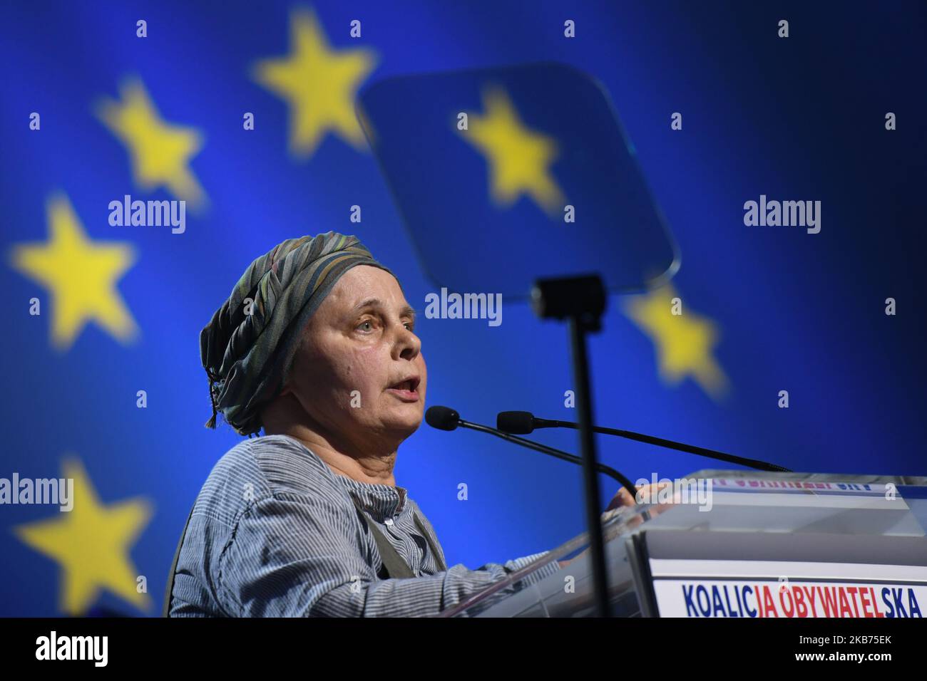 Janina Ochojska, a Polish Member of the European Parliament, an astronomer, humanitarian and social activist, and founder of the Polish Humanitarian Action, speaks during the Civic Coalition election campaign convention in Krakow, ahead of the 2019 Polish parliamentary election on Sunday, October 13, 2019. On Saturday, September 28, 2019, in Krakow, Poland. (Photo by Artur Widak/NurPhoto) Stock Photo