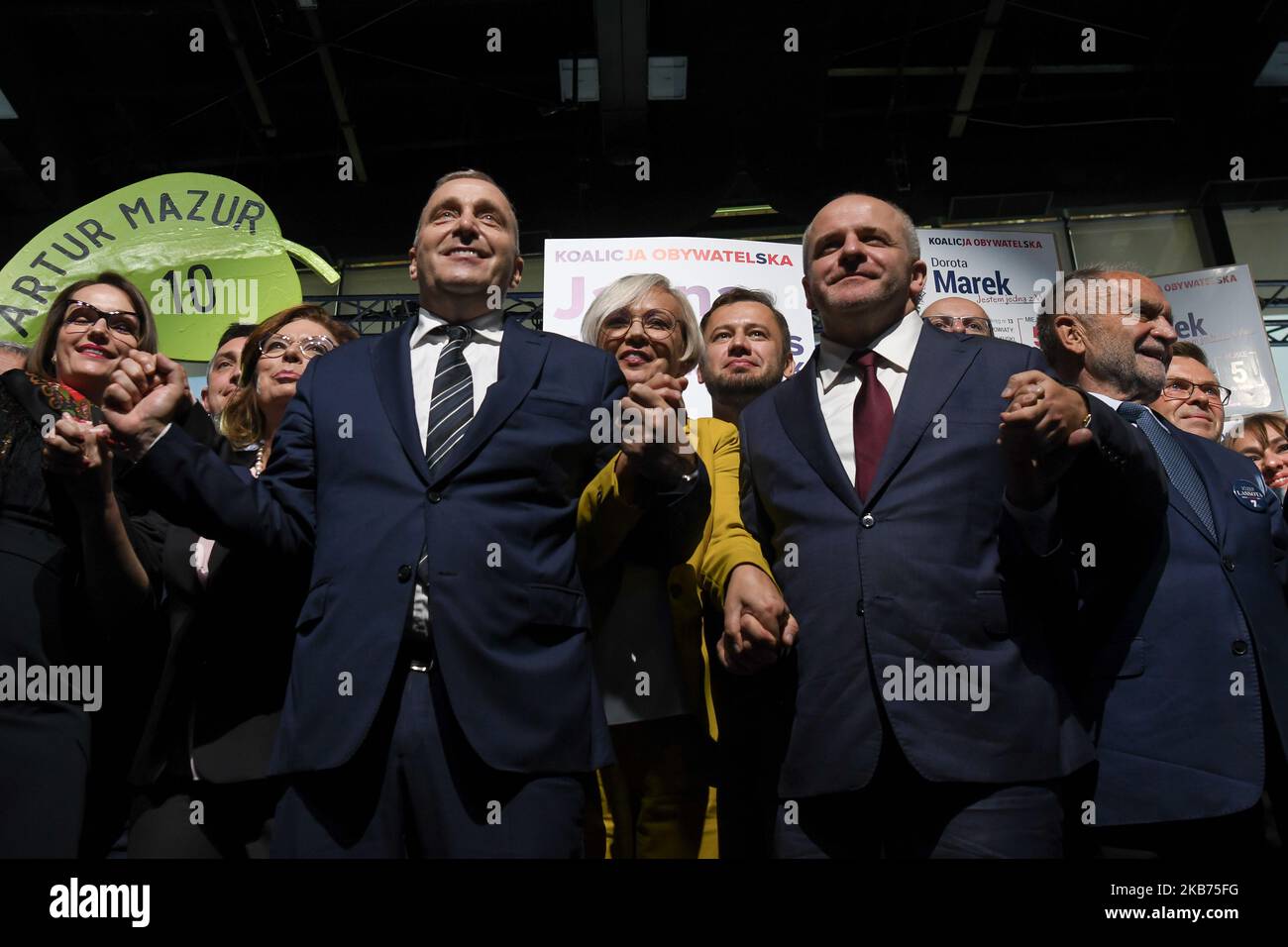 Malgorzata Kidawa-Blonska (2nd L), a candidate from the Civic Platform list and Deputy Marshal of the Polish Sejm, and Grzegorz Schetyna (Center L), Leader of Civic Platform, surrounded by a party members, during the Civic Coalition election campaign convention in Krakow, ahead of the 2019 Polish parliamentary election on Sunday, October 13, 2019. On Saturday, September 28, 2019, in Krakow, Poland. (Photo by Artur Widak/NurPhoto) Stock Photo
