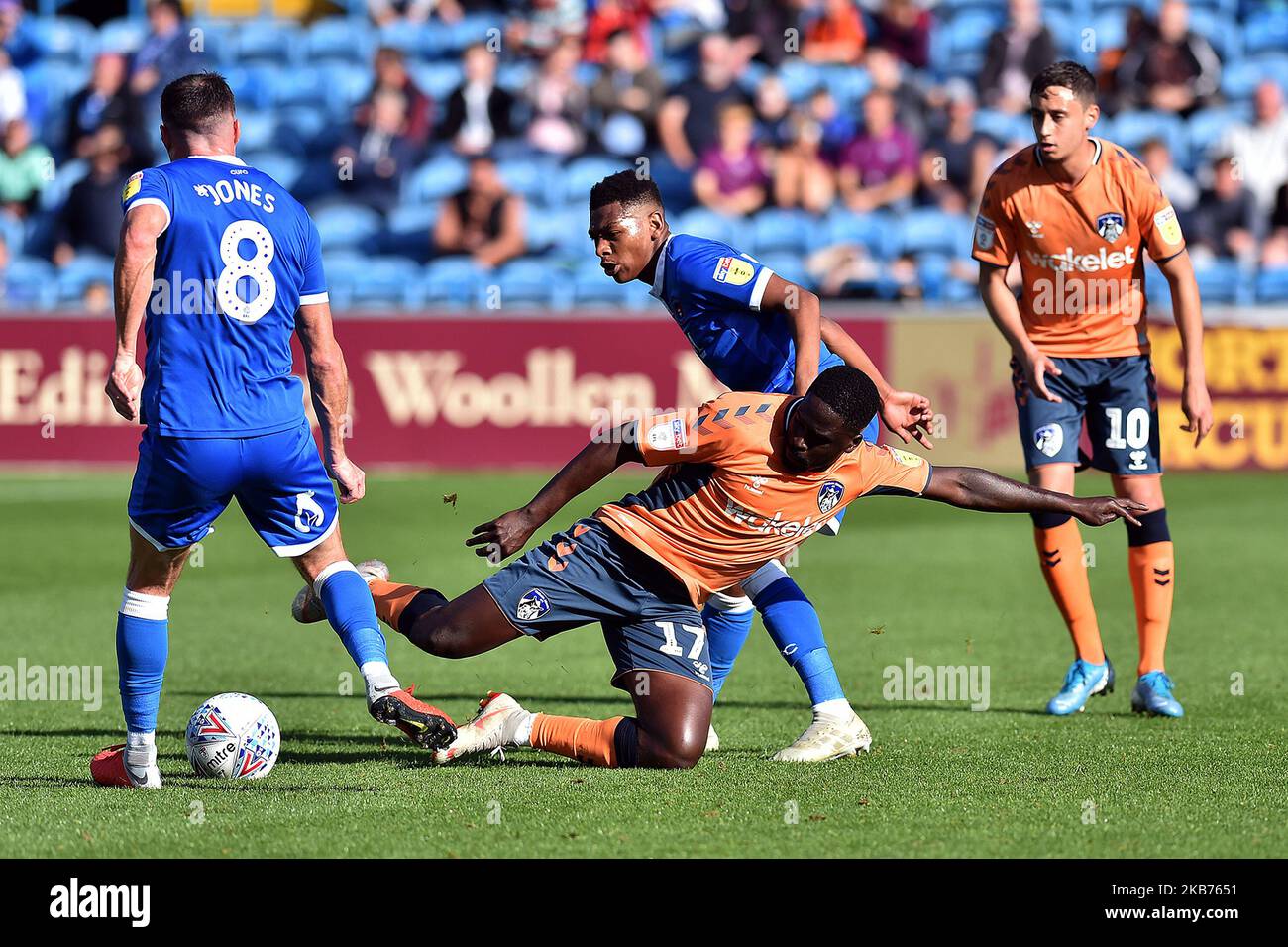 Carlisle's Mike Jones and Oldham's Christopher Missilou in action during the Sky Bet League 2 match between Carlisle United and Oldham Athletic at Brunton Park, Carlisle, England on Saturday 28th September 2019. (Photo by Eddie Garvey/MI News/NurPhoto) Stock Photo