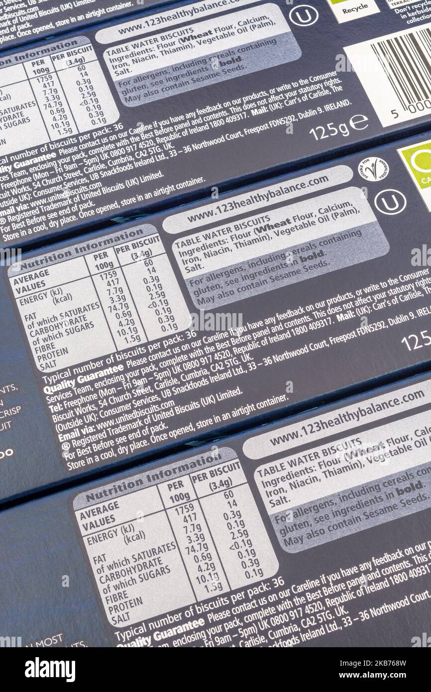 Close shot of nutrition label on a packet of Carr's Table Water