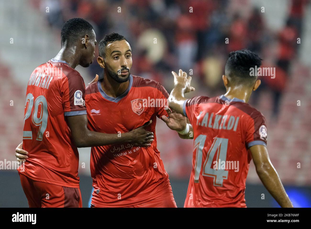 Medhi Benatia celebrates Karim Boudiaf's winning goal during Al Shahaniya 0-1 Al Duhail at the Grand Hamad Stadium, Doha, Qatar on 28 September 2019. (Photo by Simon Holmes/NurPhoto) Stock Photo