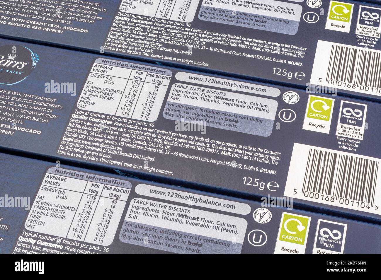 Close shot of nutrition label on a packet of Carr's Table Water