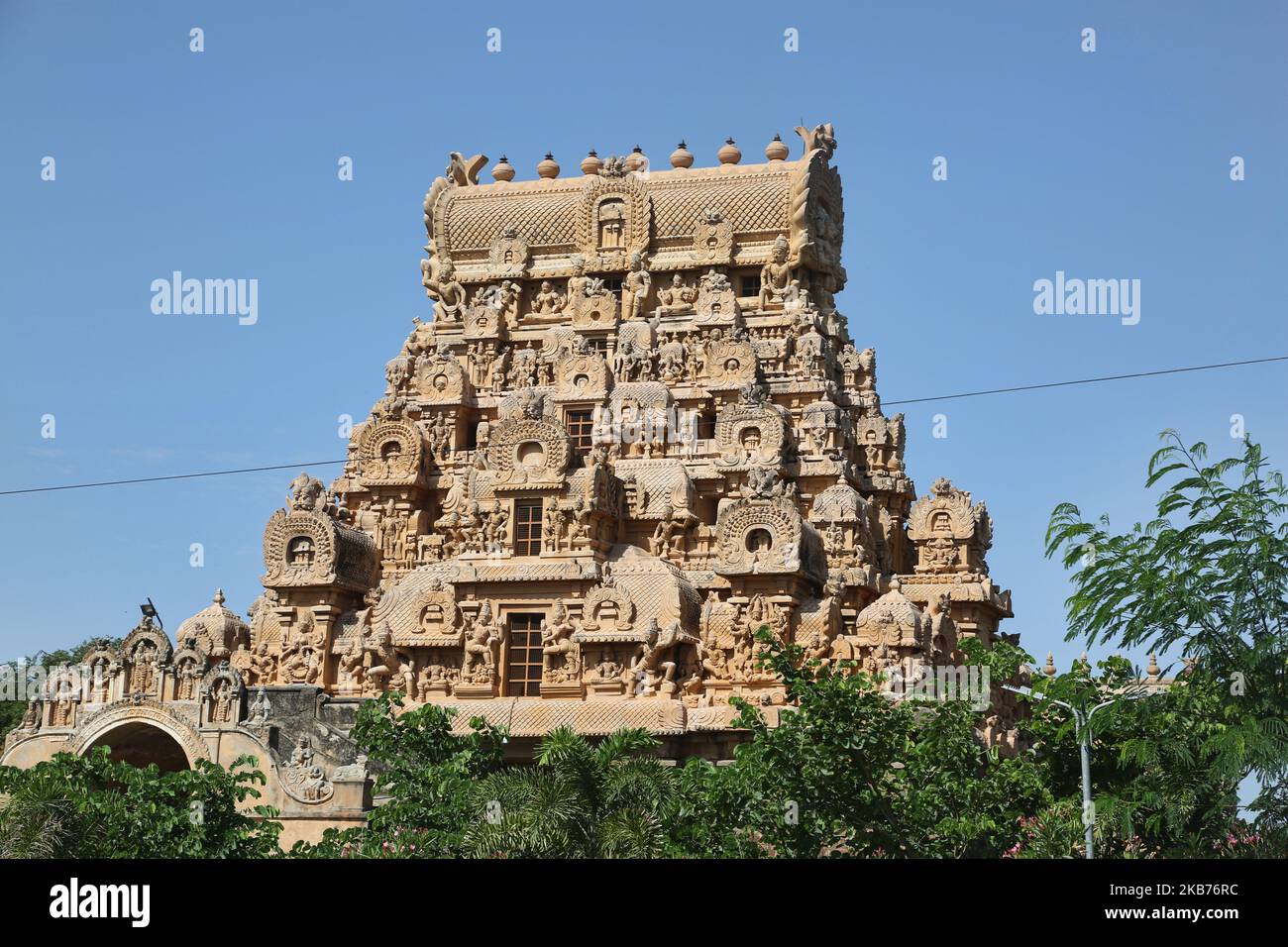 Brihadeeswarar Temple (also known as Brihadisvara Temple, Brihadishvara Temple, Big temple, RajaRajeswara Temple, Rajarajeswaram and Peruvudayar Temple) is a Hindu temple dedicated to Lord Shiva located in Thanjavur, Tamil Nadu, India. The temple is one of the largest temples in India and is an example of Dravidian architecture built during the Chola period by Raja Raja Chola I and completed in 1010 CE. The temple is over 1000 years old and is part of the UNESCO World Heritage Site known as the 'Great Living Chola Temples', comprising of the Brihadeeswarar Temple, Gangaikonda Cholapuram and Ai Stock Photo