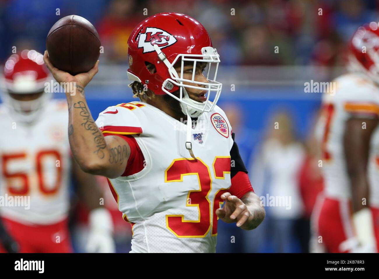 Kansas City, Missouri, USA. 10th August, 2019. Kansas City Chiefs free  safety Tyrann Mathieu (32) warming up in pre-game during the NFL Football  Game between the Cincinnati Bengals and the Kansas City