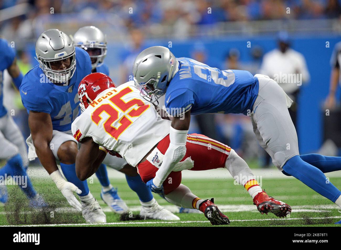 Kansas City Chiefs running back LeSean McCoy (25) is tackled by Detroit Lions defensive back Tracy Walker (21) during the first half of an NFL football game in Detroit, Michigan USA, on Sunday, September 29, 2019 (Photo by Jorge Lemus/NurPhoto) Stock Photo