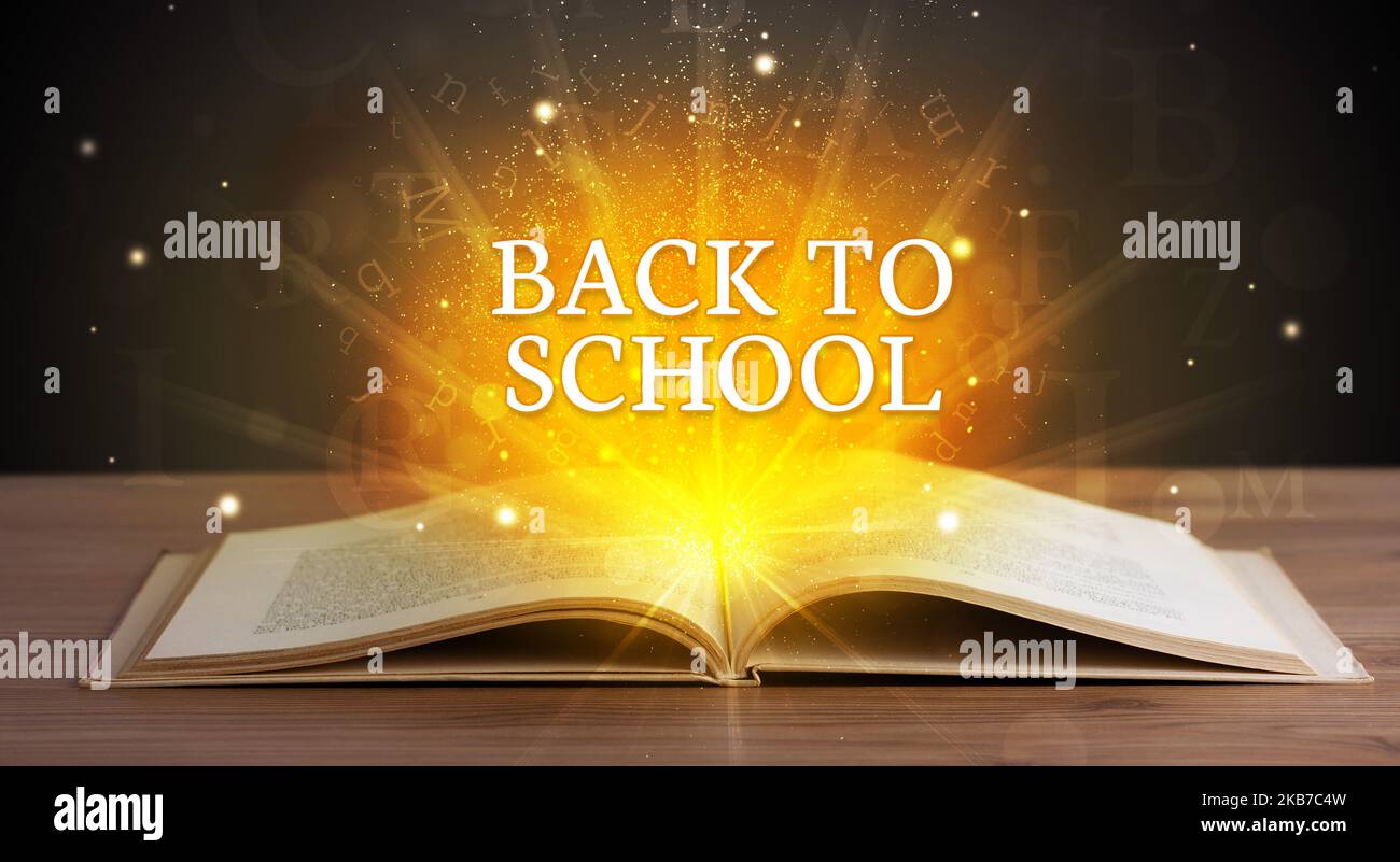 Teacher Book Inscription Educational inscription coming out from an open book Stock Photo - Alamy