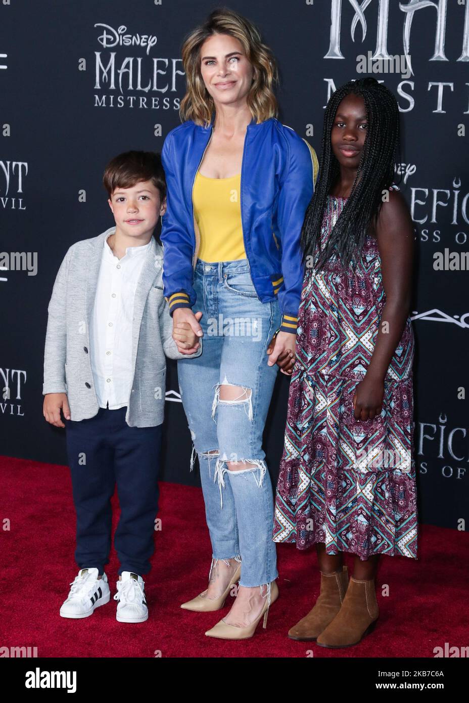 HOLLYWOOD, LOS ANGELES, CALIFORNIA, USA - SEPTEMBER 30: Phoenix Michaels Rhoades, Jillian Michaels and Lukensia Michaels Rhoades arrive at the World Premiere Of Disney's 'Maleficent: Mistress Of Evil' held at the El Capitan Theatre on September 30, 2019 in Hollywood, Los Angeles, California, United States. (Photo by Xavier Collin/Image Press Agency/NurPhoto) Stock Photo