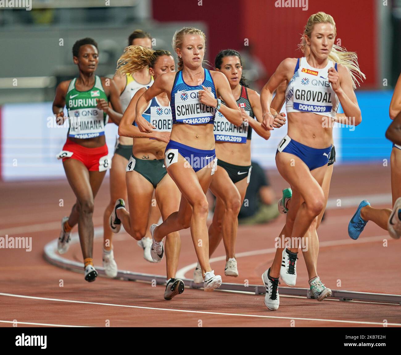 Karissa Schweizer of United States competing in the 5000 meter for women during the 17th IAAF World Athletics Championships at the Khalifa Stadium in Doha, Qatar on October 2, 2019. (Photo by Ulrik Pedersen/NurPhoto) Stock Photo