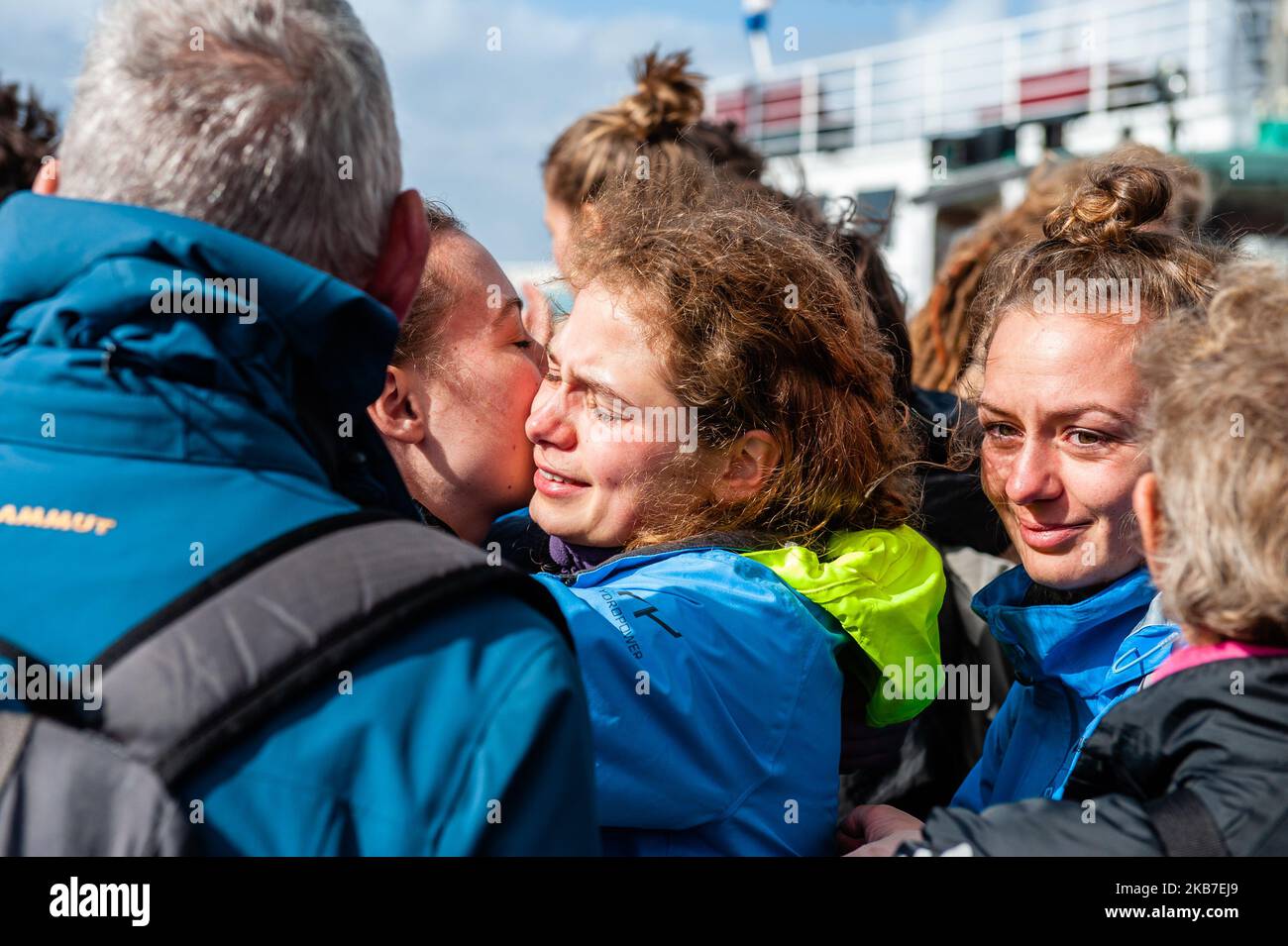 A climate activist is seen saying goodbye to her family, before the boat from where they are going to be sailing to COP25 in Chile, depart. Amsterdam, October 2nd, 2019. (Photo by Romy Arroyo Fernandez/NurPhoto) Stock Photo
