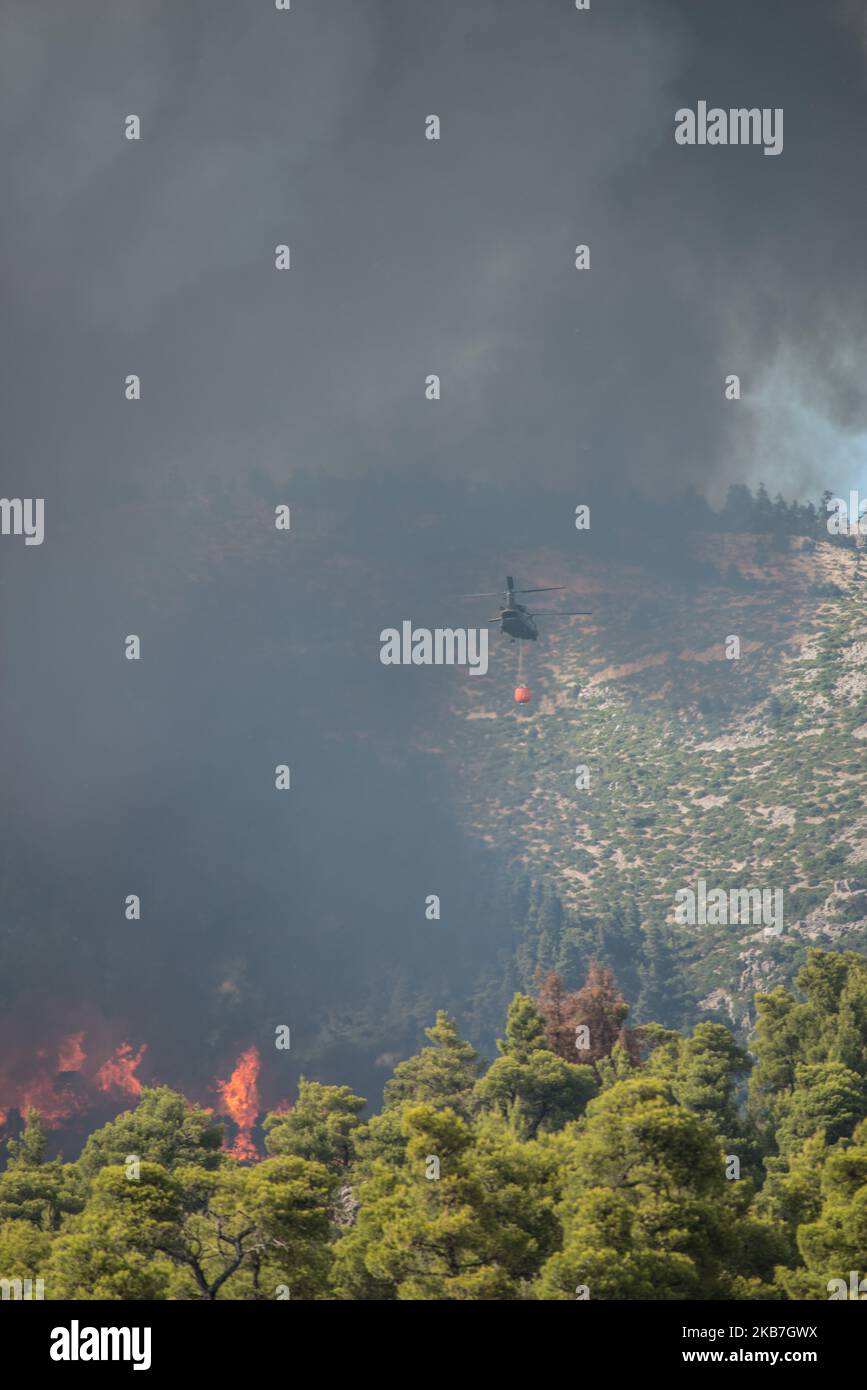 Helicopter pours water near Platania village in Evia, in Euboea, Greece, on August 14, 2019. (Photo by Wassilios Aswestopoulos/NurPhoto) Stock Photo