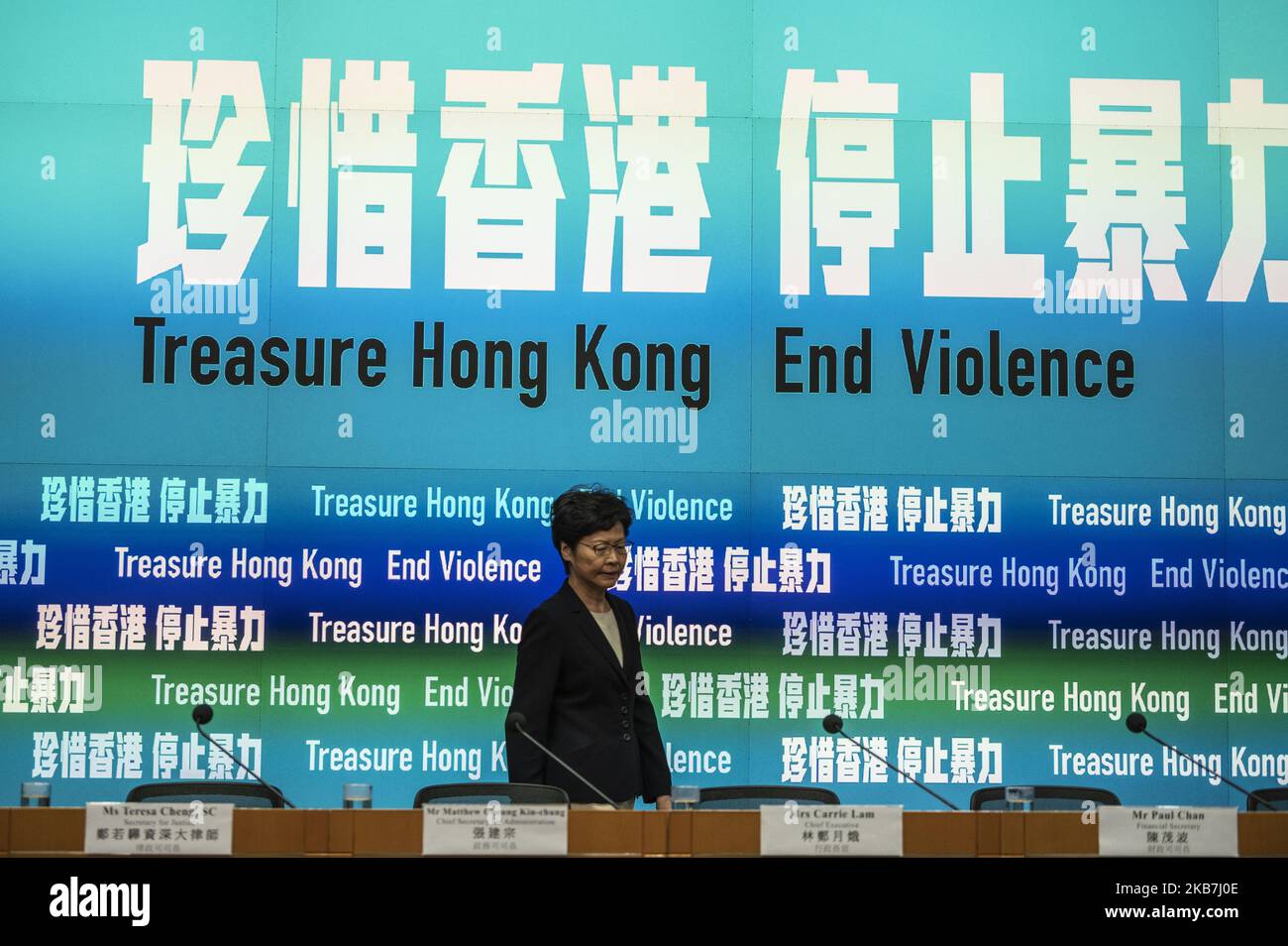 Hong Kong Chief Executive Carrie Lam is seen during a press conference in Hong Kong on October 4, 2019, Hong Kong invoked colonial-era emergency powers for the first time in more than half a century to ban face masks for protesters in a bid to quell months of violent unrest. (Photo by Vernon Yuen/NurPhoto) Stock Photo