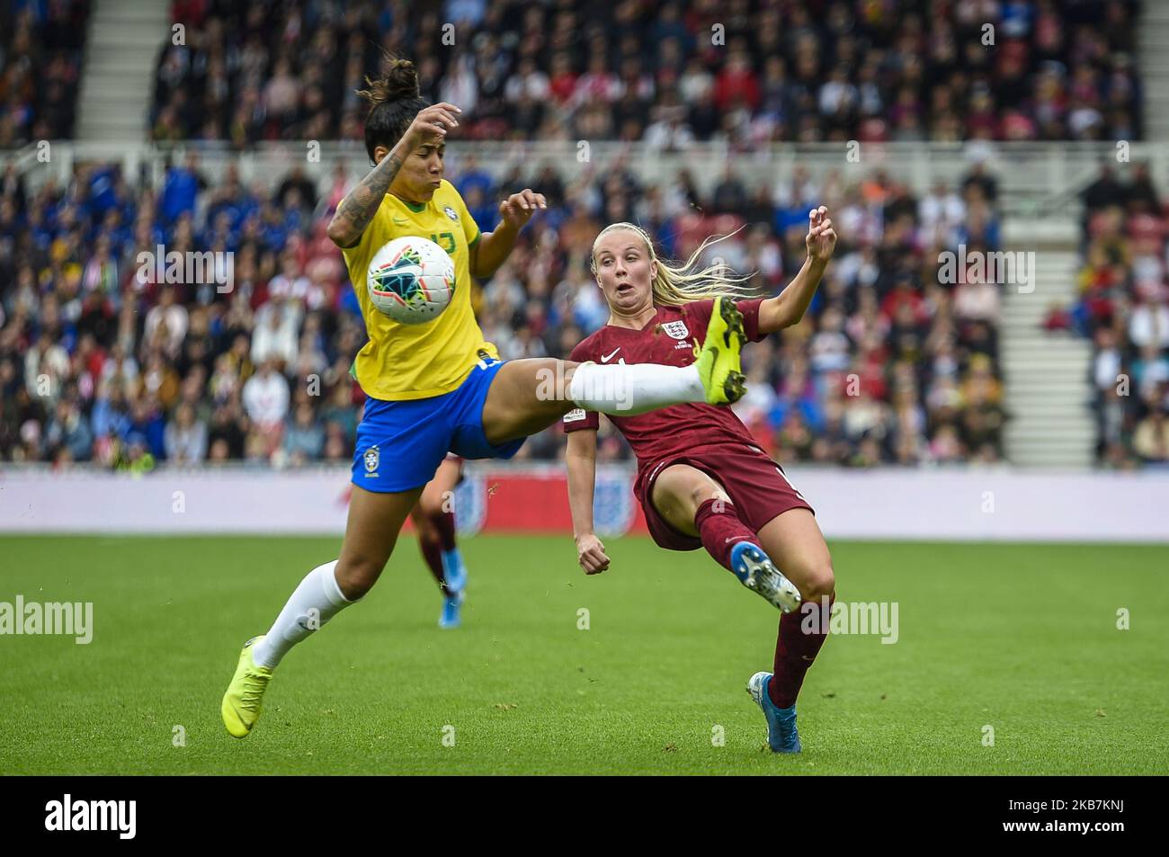 Leah Williamson of England Women battles for possession with Reis Aline of Brazil Women during the International Friendly match between England Women and Brazil Women at the Riverside Stadium, Middlesbrough on Saturday 5th October 2019. (Photo by Iam Burn/MI News/NurPhoto) Stock Photo