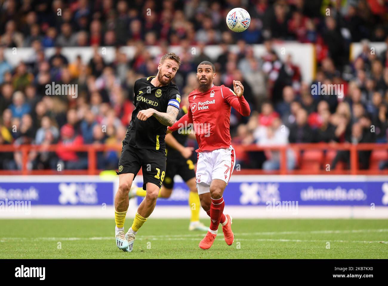 Pontus Jansson (18) of Brentford battles with Lewis Grabban (7) of Nottingham Forest during the Sky Bet Championship match between Nottingham Forest and Brentford at the City Ground, Nottingham on Saturday 5th October 2019. (Photo by Jon Hobley/MI News/NurPhoto) Stock Photo