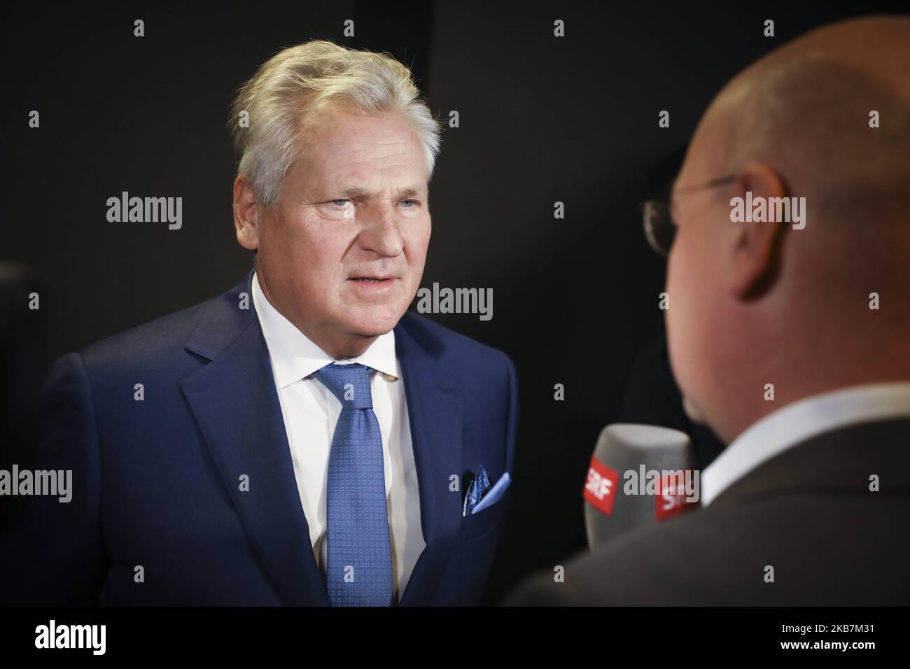 Aleksander Kwasniewski, a former President of Poland, gives an interviewto SRF journalist after The Left party campaign convention in Katowice, Poland on October 5, 2019. (Photo by Beata Zawrzel/NurPhoto) Stock Photo