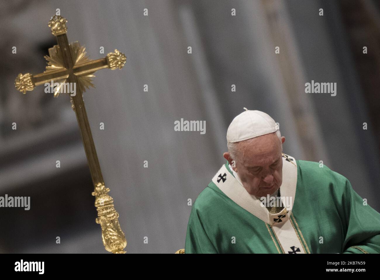 Pope Francis celebrates an opening Mass for the Amazon synod, in St. Peter's Basilica, at the Vatican, Sunday, Oct. 6, 2019. Pope Francis is opening a divisive meeting on preserving the Amazon and ministering to its indigenous peoples, as he fends off attacks from conservatives who are opposed to his ecological agenda. (Photo by Massimo Valicchia/NurPhoto) Stock Photo