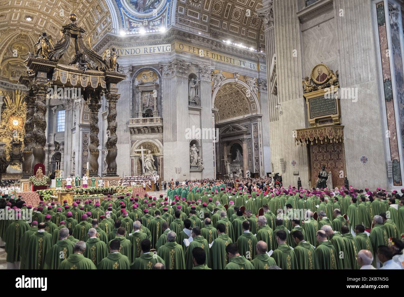 Pope Francis celebrates an opening Mass for the Amazon synod, in St. Peter's Basilica, at the Vatican, Sunday, Oct. 6, 2019. (Photo by Massimo Valicchia/NurPhoto) Stock Photo