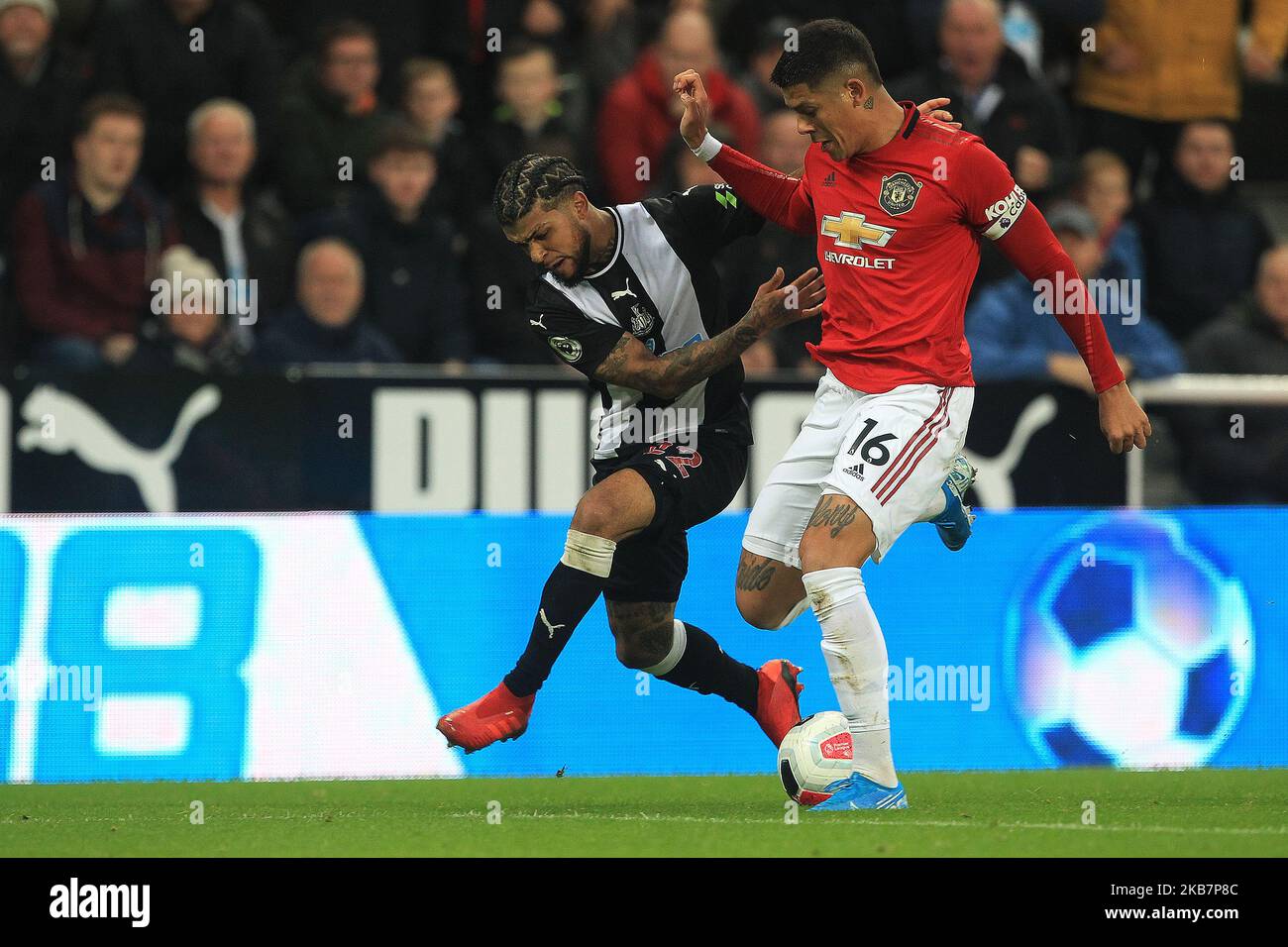 DeAndre Yedlin of Newcastle United in action with Marcos Rojo of Manchester United during the Premier League match between Newcastle United and Manchester United at St. James's Park, Newcastle on Sunday 6th October 2019. (Photo by Mark Fletcher/MI News/NurPhoto) Stock Photo