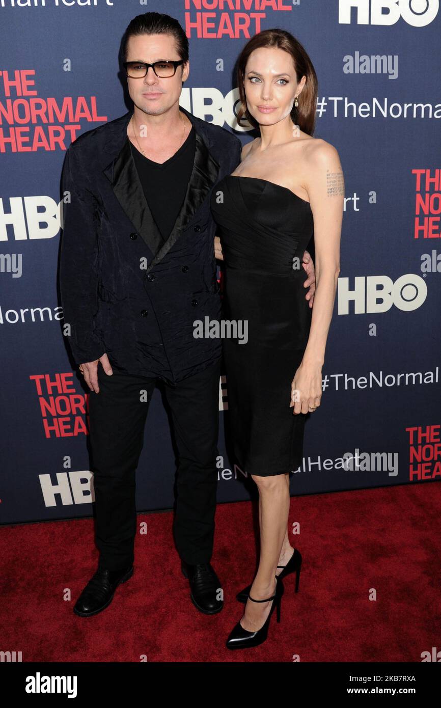 (FILE) Angelina Jolie talks Brad Pitt divorce: 'I felt a deep and genuine sadness'. MANHATTAN, NEW YORK CITY, NEW YORK, USA - MAY 12: Actors Brad Pitt (wearing Greg Lauren) and Angelina Jolie Pitt (wearing Saint Laurent dress and shoes) arrive at the New York Premiere of HBO's 'The Normal Heart' held at the Ziegfeld Theater on May 12, 2014 in Manhattan, New York City, New York, United States. (Photo by Image Press Agency/NurPhoto) Stock Photo