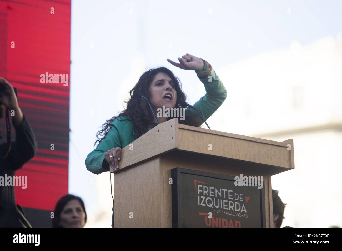 Celeste Fierro speaks at a campaign act towards the presidential elections of the Frente de Izquierda Unidad, one of the political forces competing in the 2019 Argentine presidential elections, on October 5, 2019 in Buenos Aires, Argentina. (Photo by Matias Baglietto/NurPhoto) Stock Photo