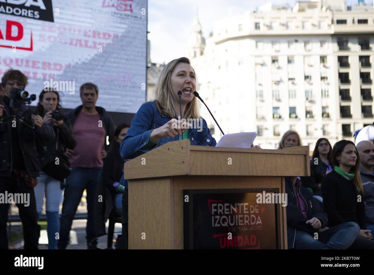 Myriam Bregman speaks at the campaign act towards the presidential elections of the Frente de Izquierda Unidad, one of the political forces competing in the 2019 Argentine presidential elections, on October 5, 2019 in Buenos Aires, Argentina. (Photo by Matias Baglietto/NurPhoto) Stock Photo