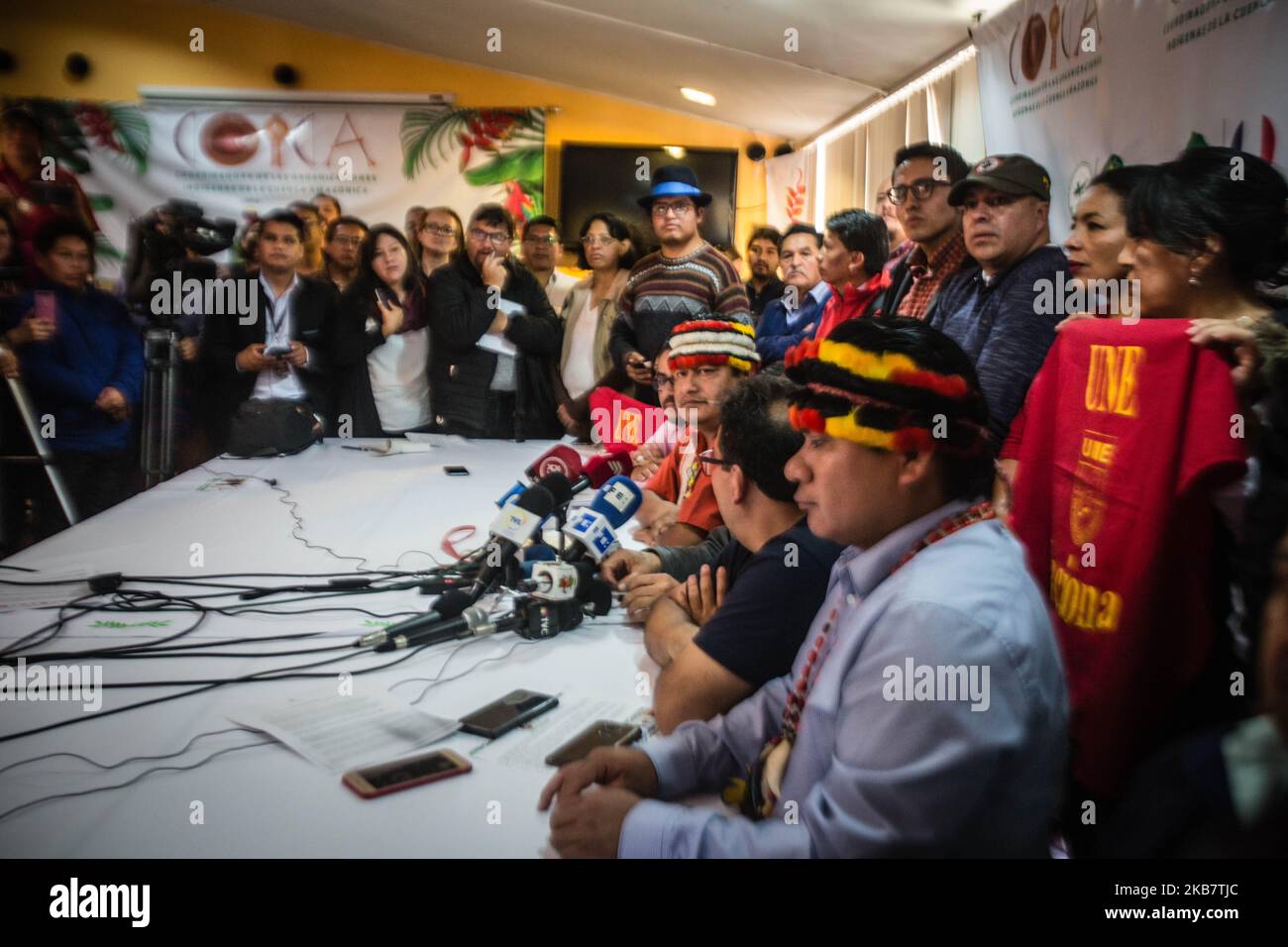 The main leaders of the movements of workers and indigenous people of Ecuador, speak on 7 October 2019 in Quito, Ecuador, before the neoliberal measures taken by President Lenin Moreno, on the state of exception and the police and military contingent that attack and so far have killed 2 people from indigenous communities and a citizen affected by loss of his eye. The slogan is to require the government to repeal the measures taken to the order of the IMF and remedy mining and water law. It is expected that the annual labor of citizens, citizens and indigenous people will be held on Wednesday,  Stock Photo