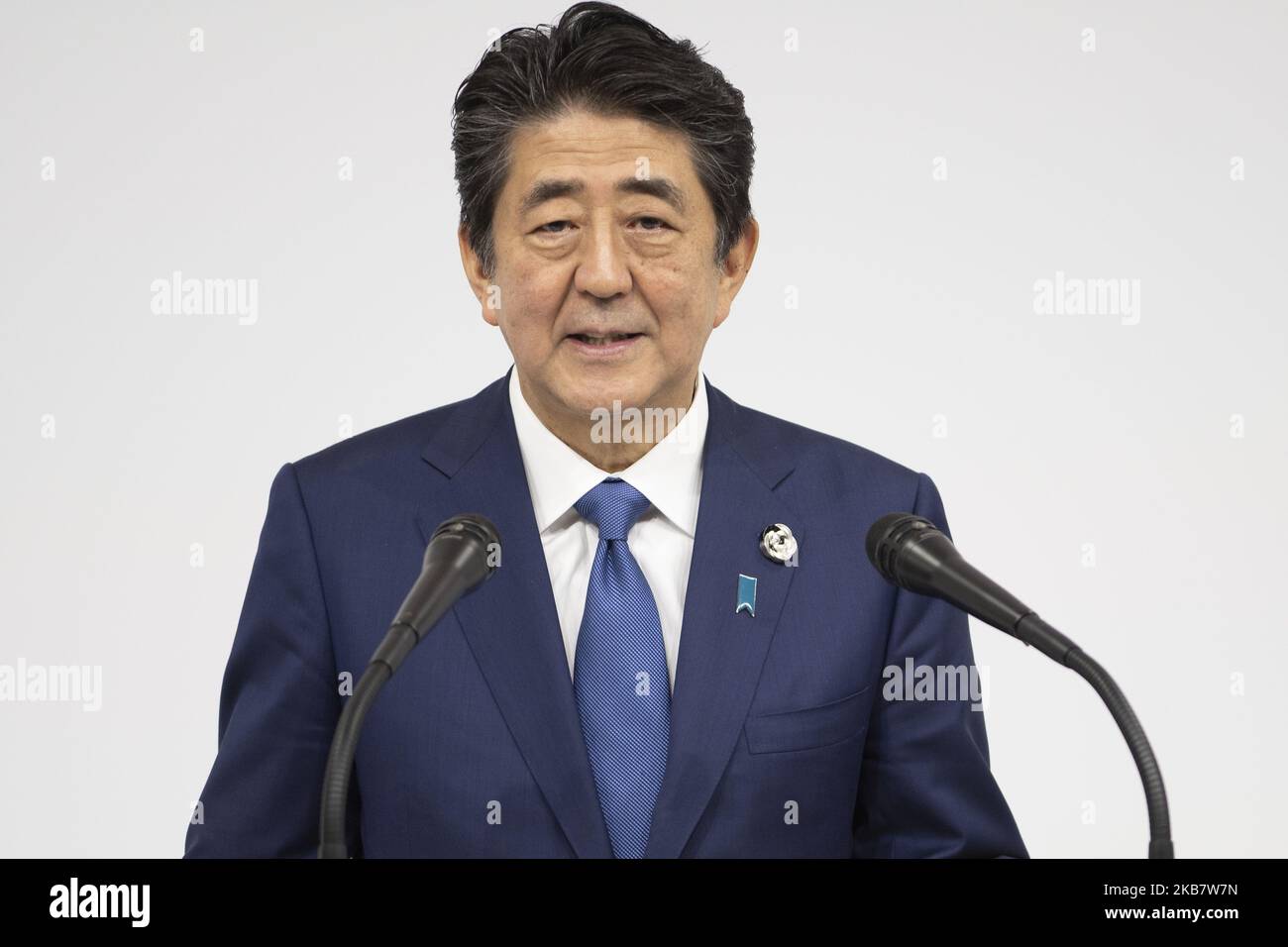 Prime Minister of Japan Shinzo Abe holds press conference after the conclusion of a successful G20 Summit at INTEX Osaka, Japan on June 29, 2019. (Photo by Yichuan Cao/NurPhoto) Stock Photo