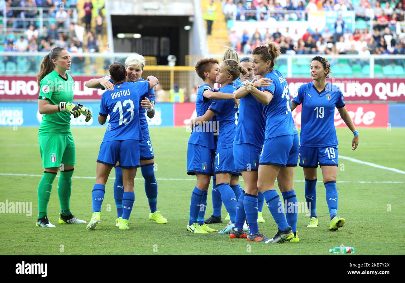 The players of Italy celebrate the goal during EURO 2021 Qualification Women's National Team match between Italy vs Bosnia and Herzegovina at Stadium ''Renzo Barbera'' in Palermo on october 8, 2019 (Photo by Gabriele Maricchiolo/NurPhoto) Stock Photo