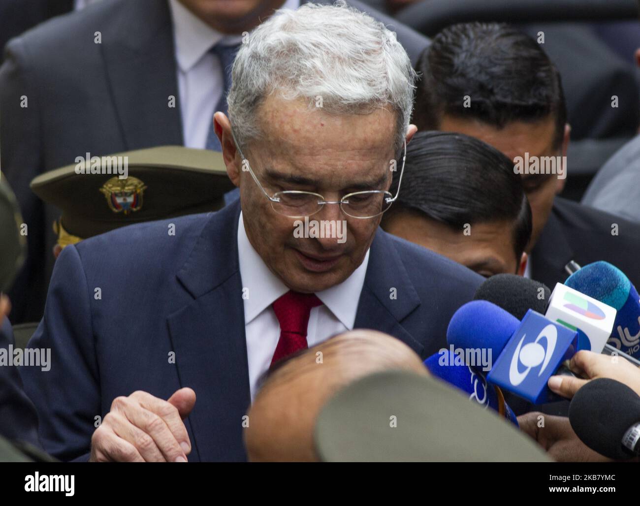 Alvaro Uribe, former president of Colombia, arrives at the Supreme Court of Justice in Bogota, Colombia, on Tuesday, Oct. 8, 2019. (Photo by Daniel Garzon Herazo/NurPhoto) Stock Photo